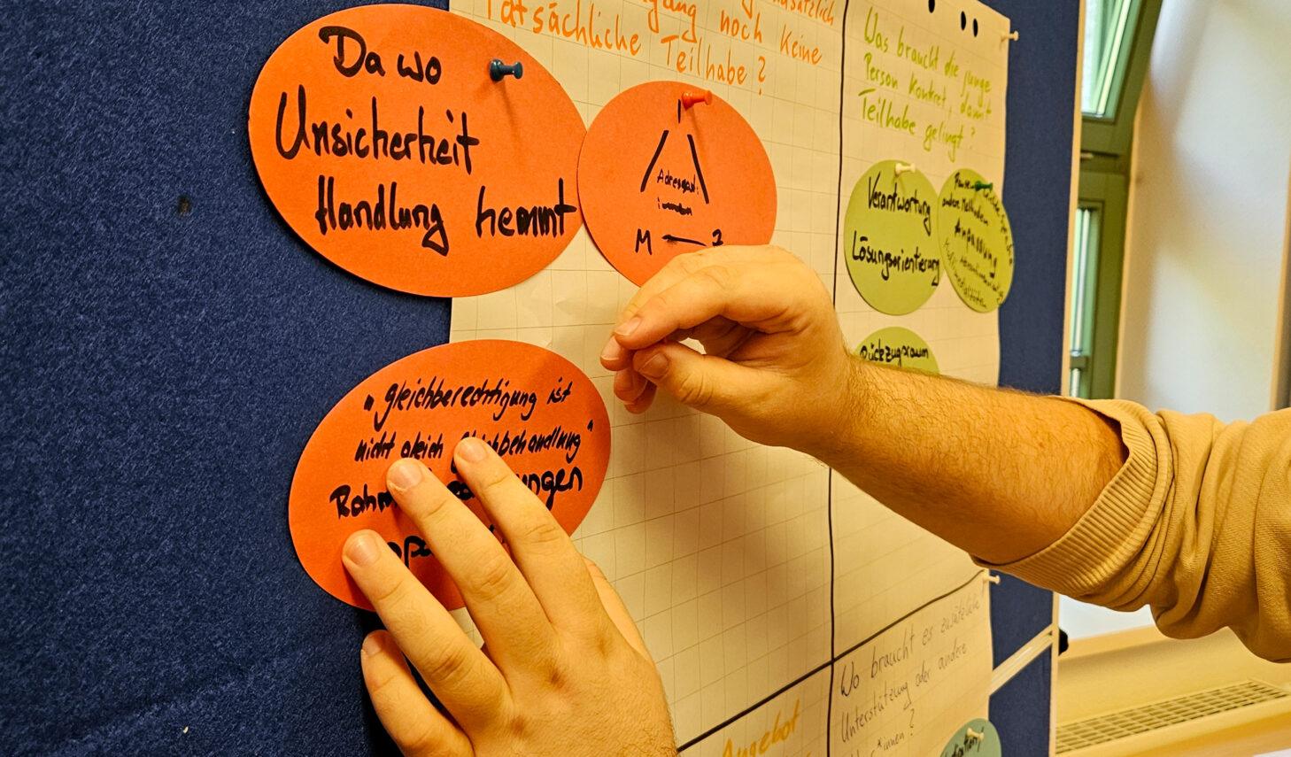 Eine Person befestigt Moderationskarten an einer Pinnwand. Auf der Pinnwand sind mehrere handschriftliche Fragen und Ergebnisse einer Arbeitsgruppe zum Thema Teilhabe gesammelt.